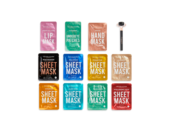 Makeup Revolution Skincare Advent Calendar 12 Days Of Masking Sheet Mask Set: 1 X Mask For The Contour Of The Eyes + 1 X Moisturizing Lip Mask + 1 X Hand Mask + 1 X Mask With Niacinamide + 1 X Mask With Salicylic Acid + 1 X Pineapple Face Mask + 1 X