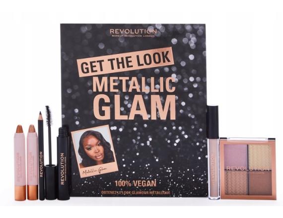 Makeup Revolution Get The Look Metallic Glam Set: 1 X Face Palette + 2 X Eye Shadow In Stick Format + 1 X Shadow Primer + 1 X Mascara + 1 X Black Khol Eyeliner