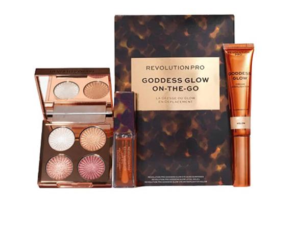 Makeup Revolution Pro Goddess Glow-On-The-Go Gift Set: Goddess Glow Eye Quad + Pro Goddess Glow Lip Oil Soleil + Goddess Glow Cream Highlighter