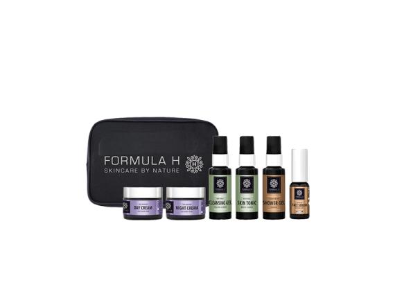 Set Formula H Travel Bag, Gel curatare 50ml + Lotiune tonica 50ml + Ser pentru ten 10ml + Crema de zi Collagen 10ml + Crema de noapte Collagen 10ml + Gel de dus 50ml