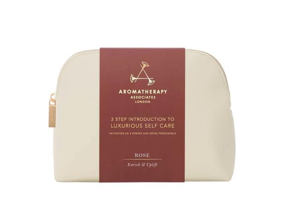 Aromatherapy Associates 3 Step Introduction To Luxurious Self Care: Rose Triple Exfoliator 50 Ml + Rose Bath & Shower Oil 9 Ml + Rose Pink Clay Mask 50 Ml + Classic Branded Vegan Leather Washbag