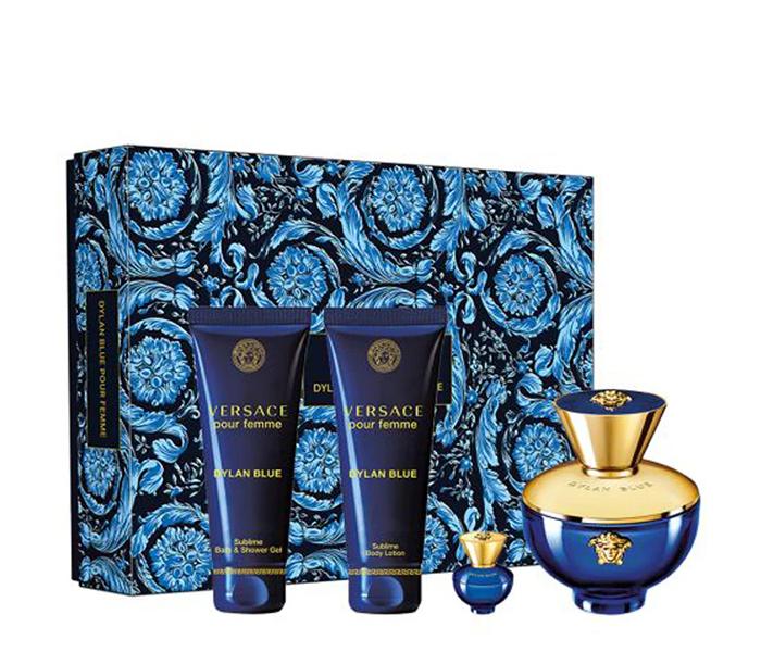 Set Versace Dylan Blue, Femei, Eau De Parfum, 100ml + Lotiune de corp 100ml + Gel de dus 100ml + Eau De Parfum 5ml