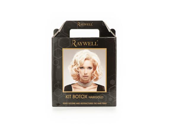 Set tratament pentru par Raywell Botox HairGold, Par deteriorat/subtire/slab, Sampon 150ml + Balsam 150ml + Crema leave-in 150ml
