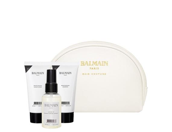 Set pentru par Balmain Professionnel White Cosmetic Bag Moisturizing Care, Par uscat/vopsit, Sampon 50ml + Balsam 50ml + Leave-in 50ml